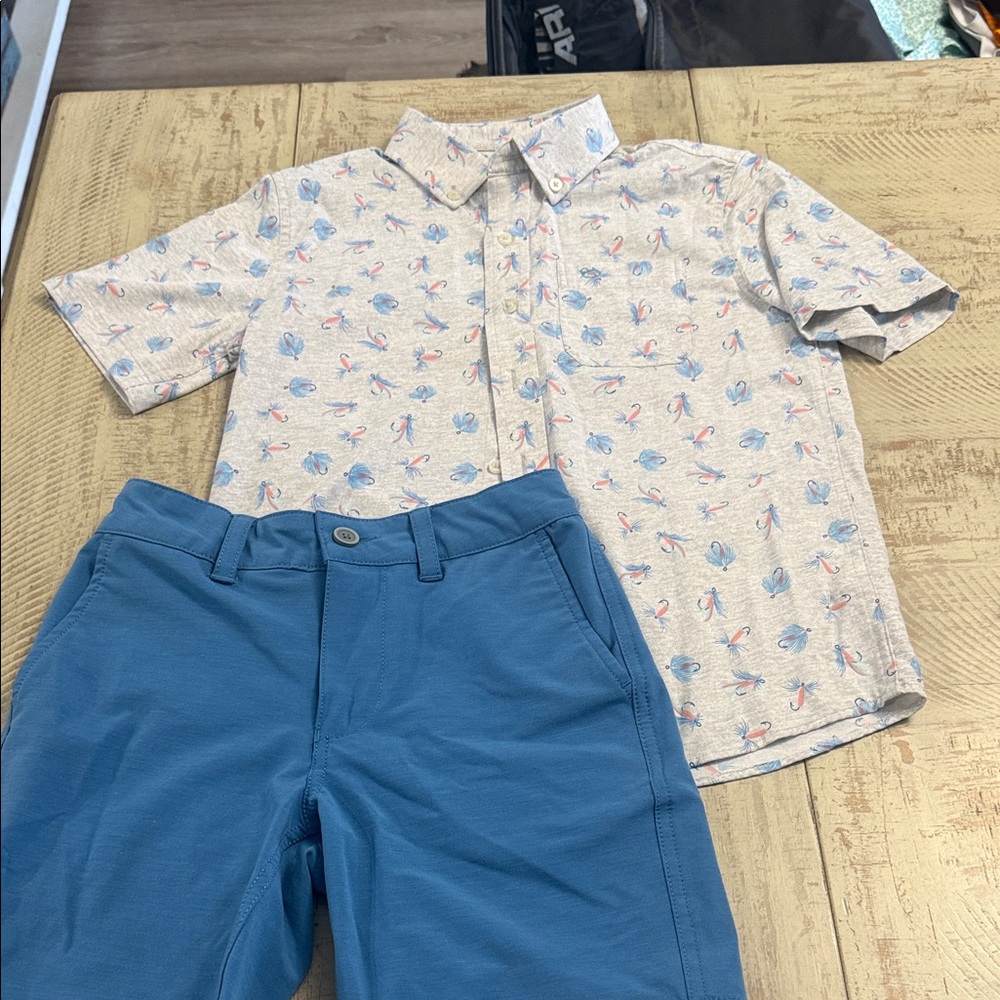 Southern Tide Kids' Patterned Button-Down Shirt - Cream and Blue